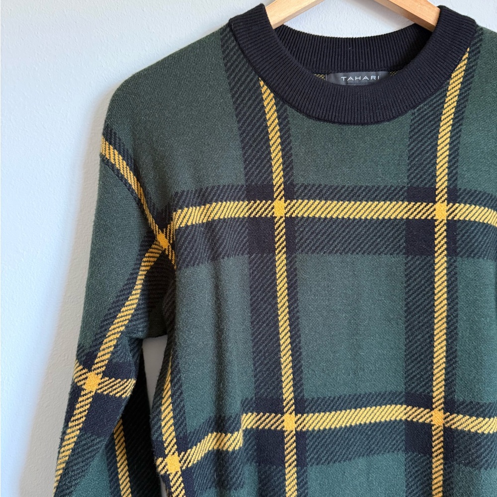 Tahari Women's Dark Green and Yellow Plaid Crewneck Sweater - Picture 2 of 8